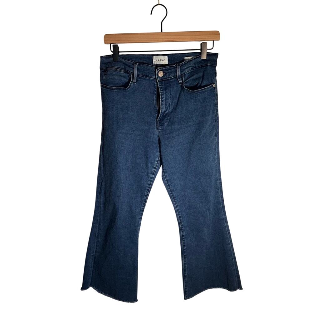 FRAME DENIM Le Pixie High Flare Raw hem classic 70s style blue jeans 30